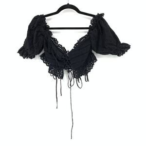 For Love & Lemons Crop Top Women's Sz Small Black Annabelle Lace Up Eyelet Lace